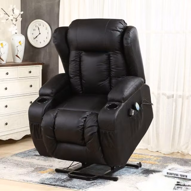 More4Homes Caesar Single Motor Rise Recliner Heat and Massage Chair in Black Bonded Leather