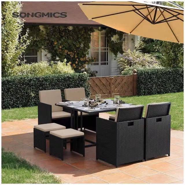 SONGMICS 9-Piece Modern PE Rattan Patio Dining Set with Cushions, Black
