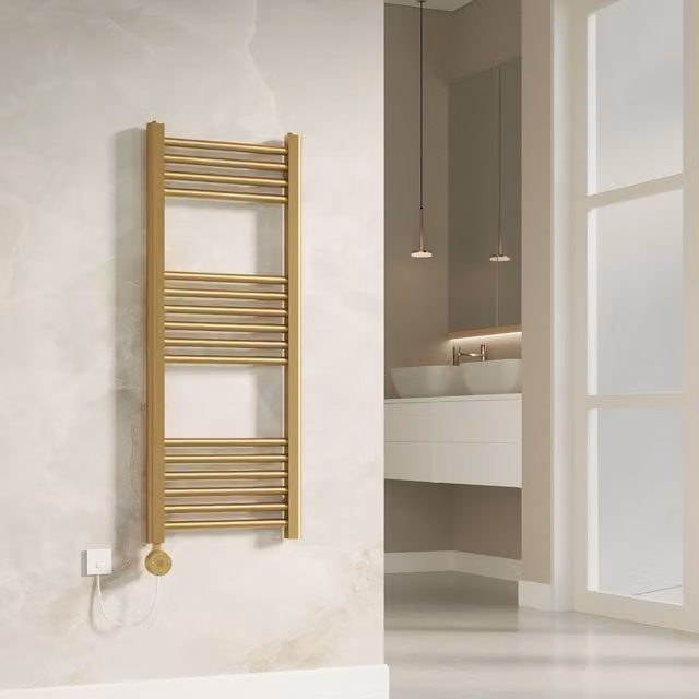 Banyetti Aureli Brushed Brass Electric Ladder Towel Rail Radiator in Gold, W: 40 cm, H: 100 cm