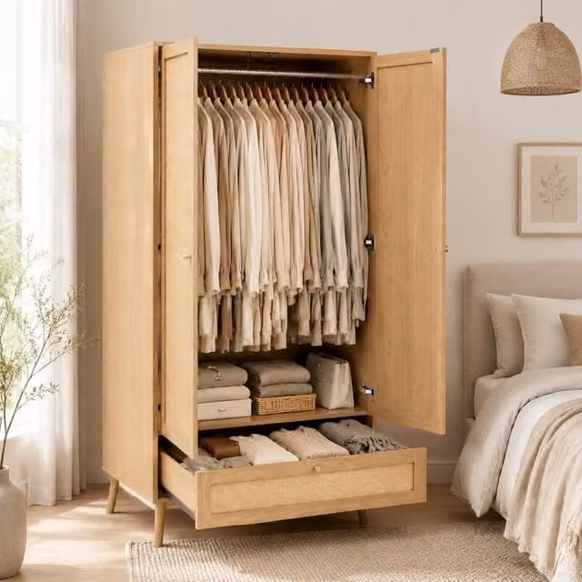 STILVORA Modern Wardrobe with Rattan-Effect Panels and Integrated Drawers in Oak Brown and Beige – 1