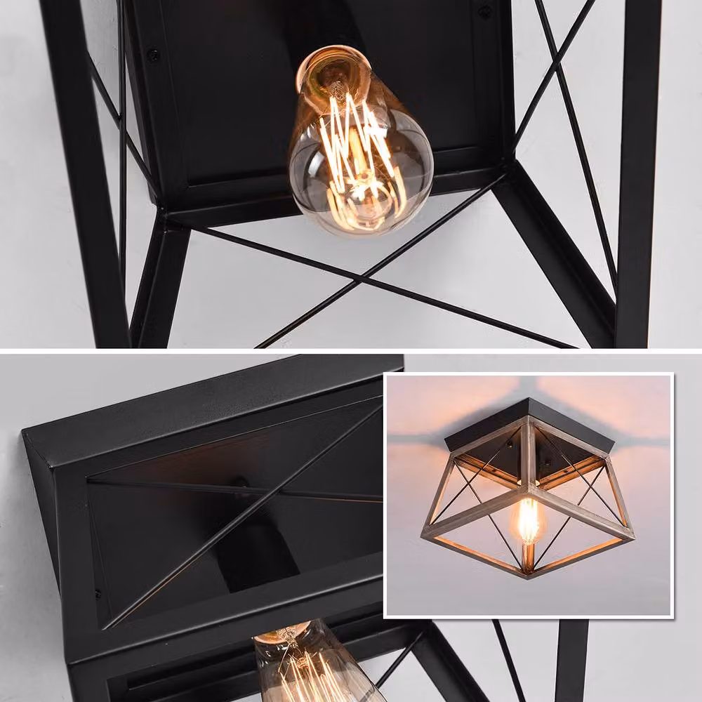 NIVOR Square Black Metal Cage Farmhouse Flush Mount Ceiling Light – 3