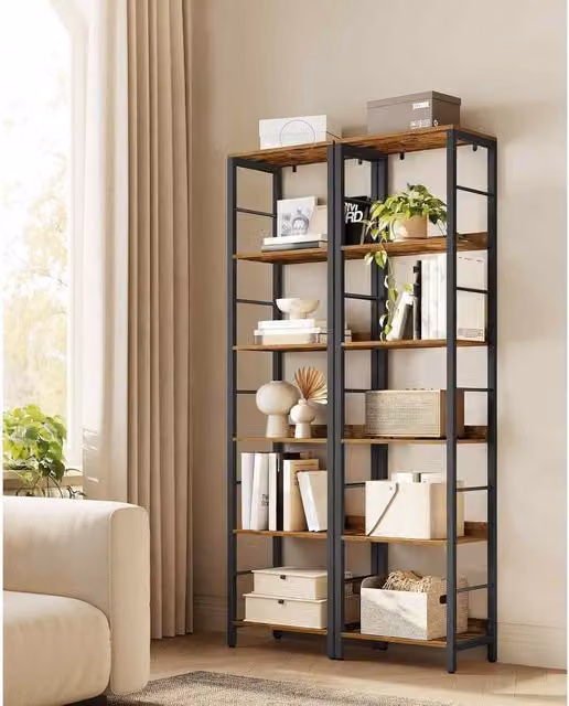 The Bazaarist 6 Tier Industrial Bookcase with Back Panels in Rustic Brown and Ink Black