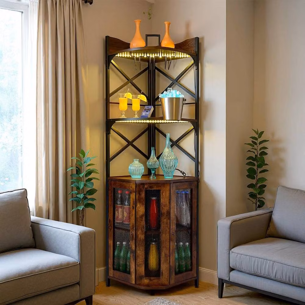EONLION Brown 5-Tier Industrial Corner Wine Cabinet with Integrated Lighting and Glass Shelving, H 164.5 x W 100 x D 40 cm – 3