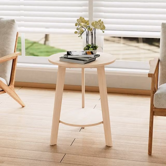 Livingandhome Scandinavian Round Wooden Coffee Side Table in Brown, Beige and Multicolour