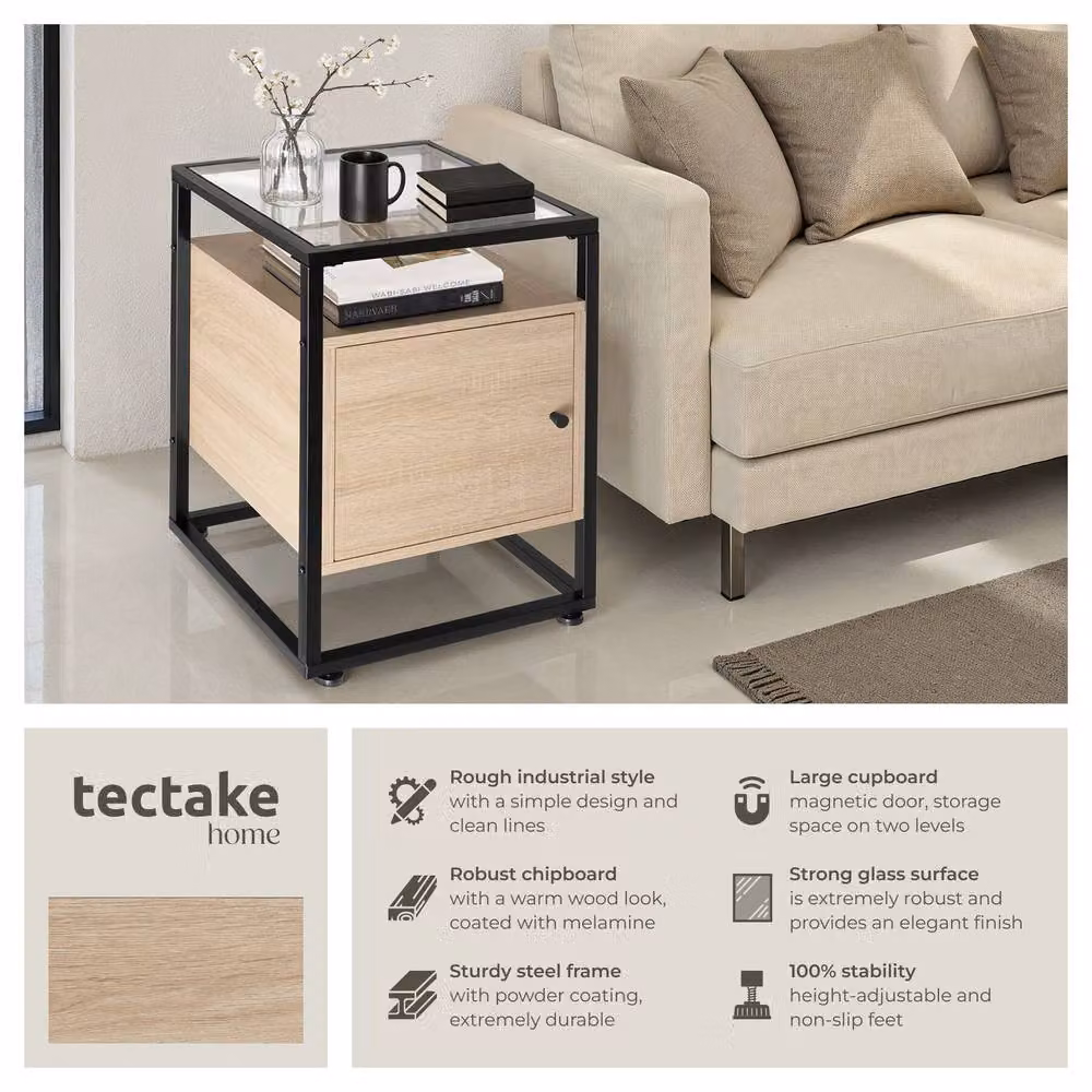 tectake Dudley Nightstand with 3 Shelves and Magnetic Door in Light Oak – 2