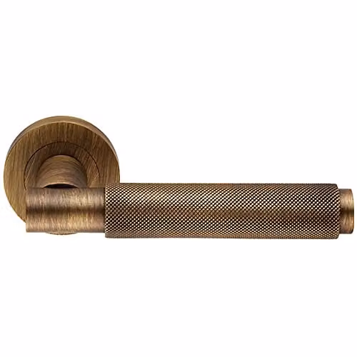 PAIR Knurled Grip Round Bar Handle on Round Rose in Antique Brass with Concealed Fixings