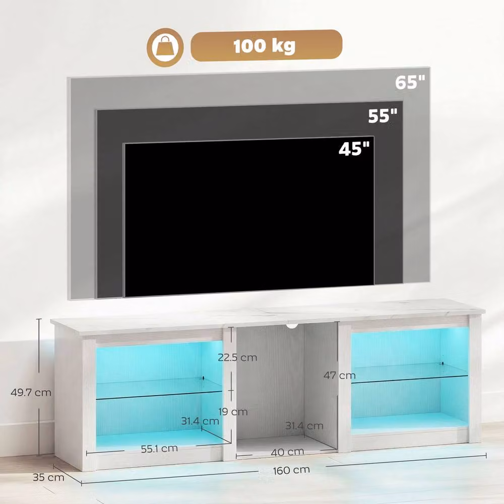 HOMCOM Modern White TV Unit with Integrated LED Lighting and Glass Details – 3