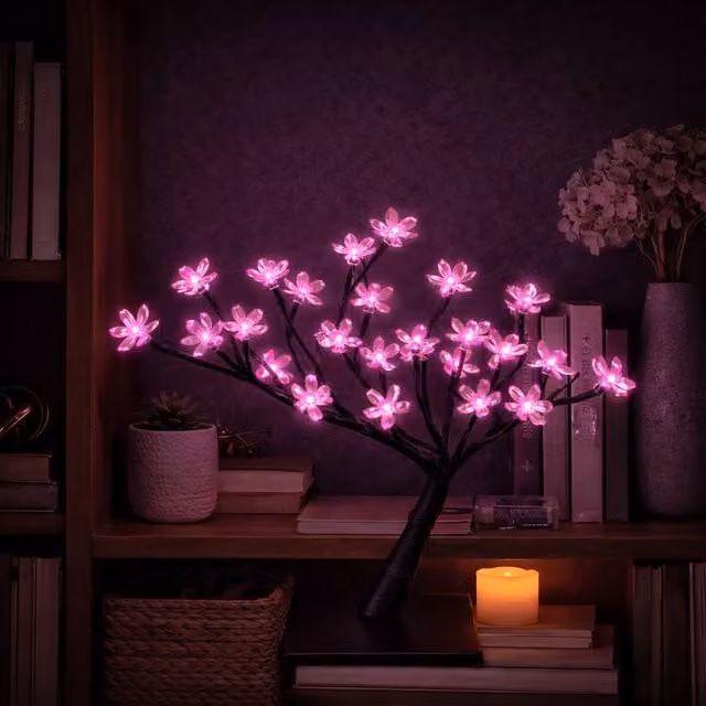 Simpa Cherry Blossom Bonsai Style 32 LED Battery Operated Tabletop Lamp in Pink