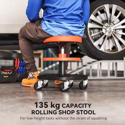 HOMCOM Rolling Mechanic Stool with Synthetic Leather Seat and Castors, Yellow/Orange – 3