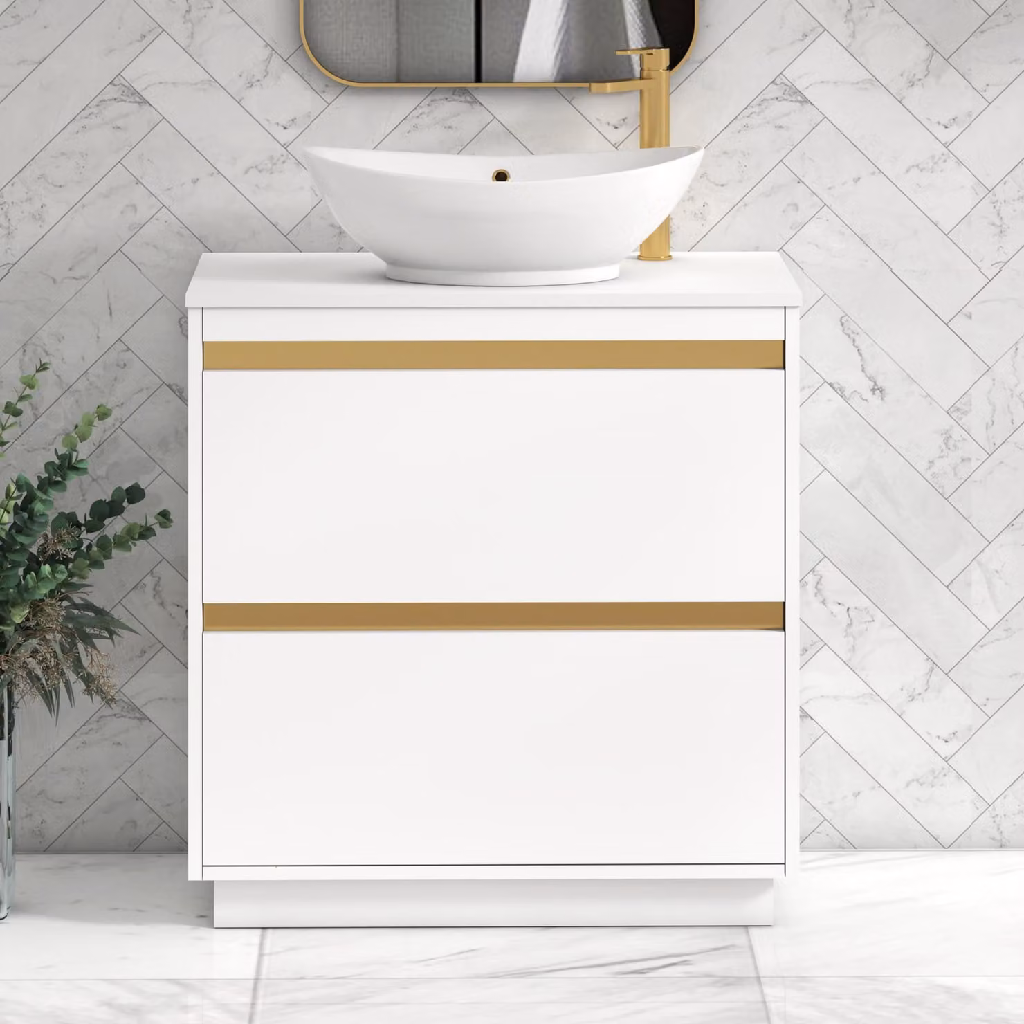 Royal Bathrooms Orion 800mm Matt White Floor Standing 2 Drawer Vanity Unit with Amaze Basin and Brushed Brass Accent Trim