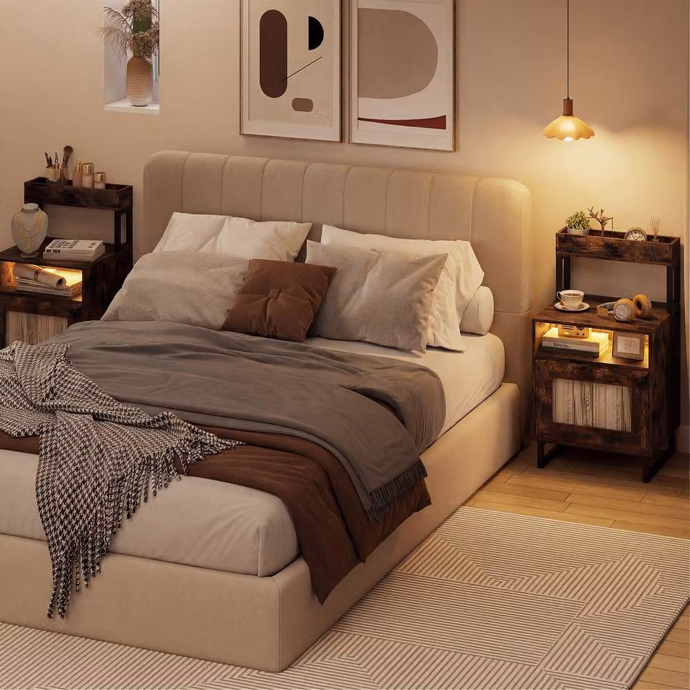Costway Modern Brown Nightstand and End Table with Integrated Lighting – 5