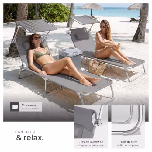 tectake Set of 2 Folding Sun Loungers in Grey with Sun Canopy and Adjustable Headrest, W/D/H: 190 x 68 x 111 cm – 5