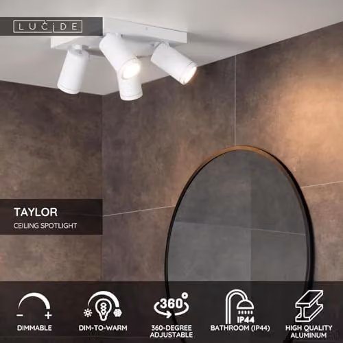 Lucide Taylor Dimmable Adjustable LED Ceiling Spotlight for Bathroom, White, GU10, IP44 – 2