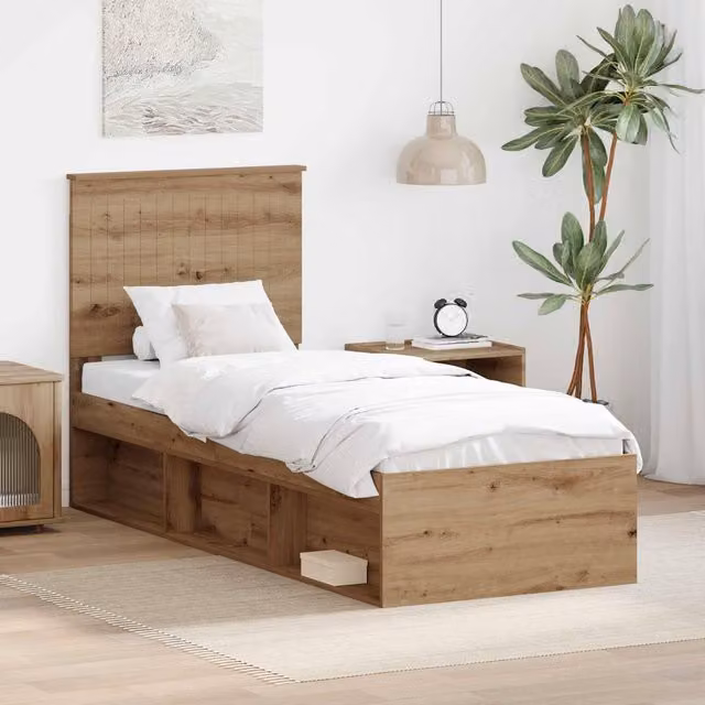 Berkfield Home Artisan Oak Bed Frame in Brown Solid Pine and Engineered Wood, W: 75 cm, L: 190 cm – 1