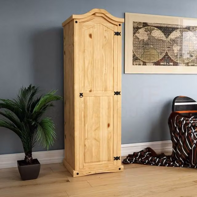 HD Designs Corona 1 Door Solid Pine Wardrobe in Brown, H 178 cm x W 57 cm x D 50 cm – 1