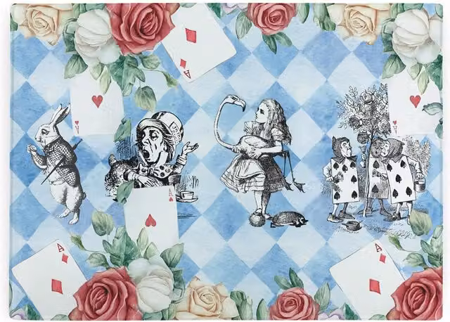 Purely Home Alice's Adventures in Wonderland Rectangular Smooth Glass Kitchen Worktop Protector and Chopping Board in Blue