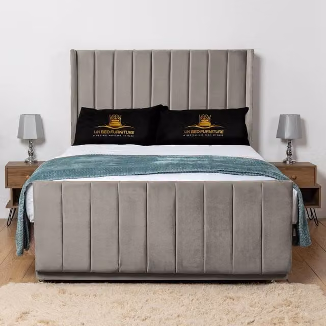 UK Bed Furniture Seoul Wingback Divan Bed Base with 54 Inch Headboard in Light Beige, Double, W/D/H: 140 x 200 cm