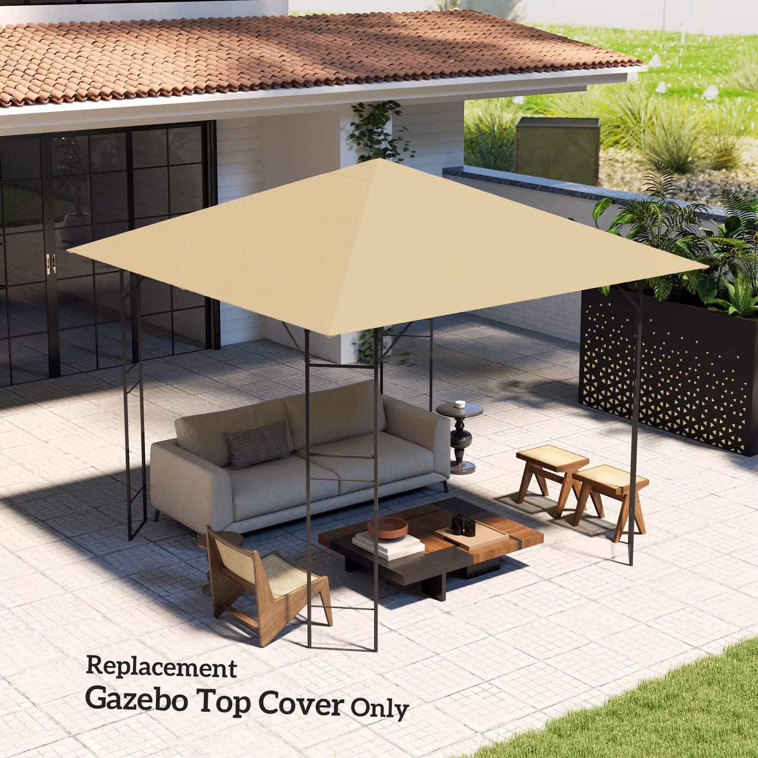 Outsunny Beige Gazebo Canopy Replacement Cover with Drain Holes, UPF 50+ Polyester Roof Cover, 3 x 3 m – 4