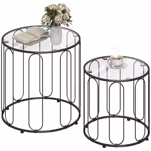 HOMCOM Set of 2 Round Glass Nest of Tables with Metal Frame, Black – 1