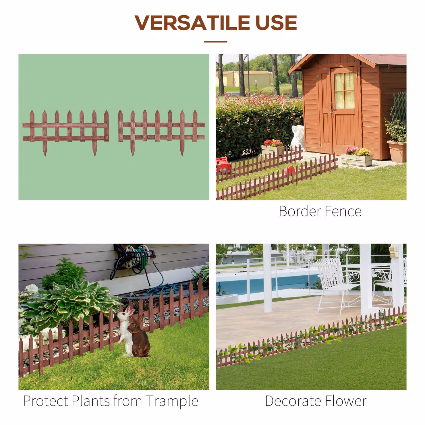 Outsunny Set of 12 Brown Wooden In-Ground Garden Fence Pieces, Height: 60 cm – 4