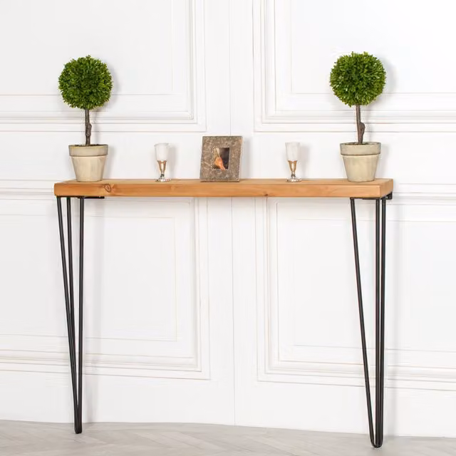 White Cherry Interiors Rustic Brown Pine Wood Hallway Console Table with Live Edge and Metal Accents