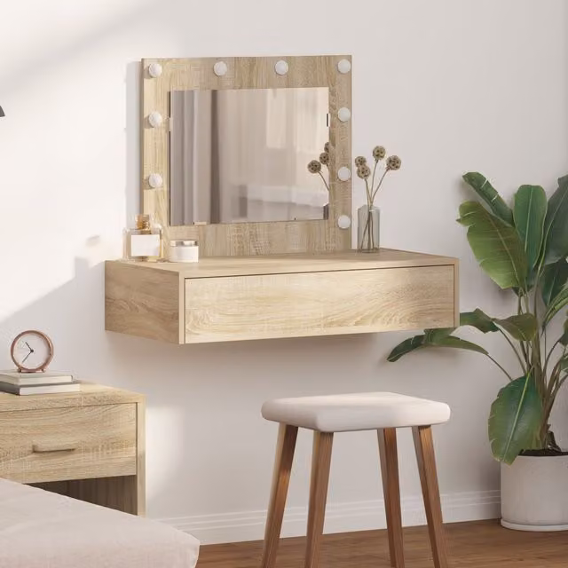 Berkfield Home Wall Hanging Dressing Table with LED Lights in Sonoma Oak and Beige