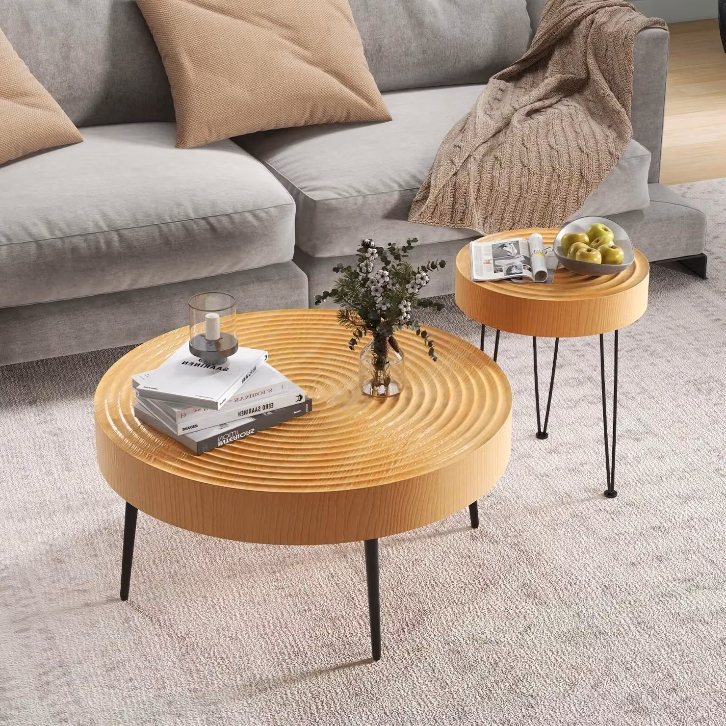Costway Set of 2 Round Nesting Coffee Tables, Solid Wood and Metal Boho Stacking Side Tables in Sand Brown – 2
