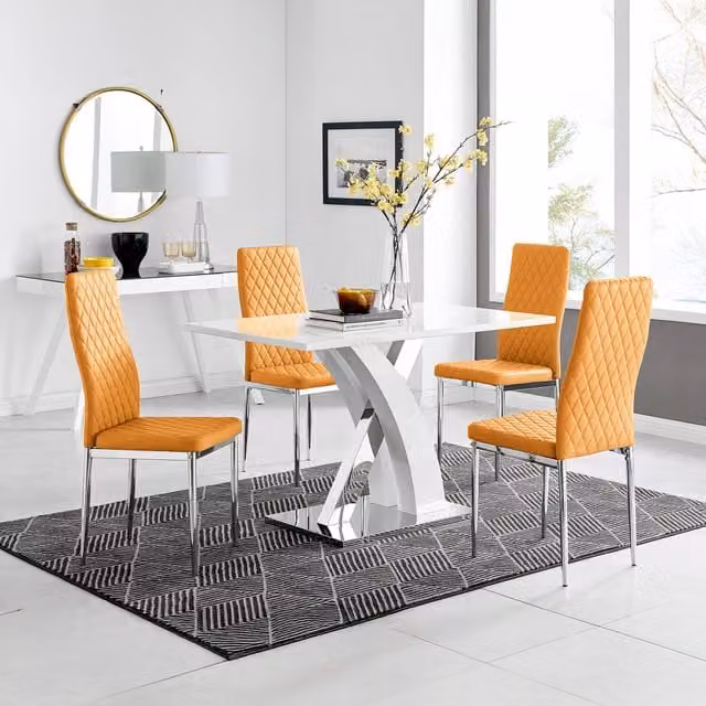FurnitureboxUK Atlanta White High Gloss Rectangular Dining Table with X-Frame Legs and 4 Milan Faux Leather Chairs in Mustard Yellow