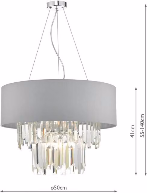 Dar HAL0639 Grey Suspended Cylinder Pendant Light with Crystal and Fabric Details, Height Adjustable and Dimmable, H 55 cm x W 50 cm x D 50 cm