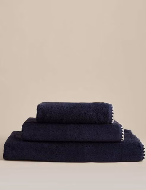 M&S Blue Egyptian Cotton Towel with Embroidered Border