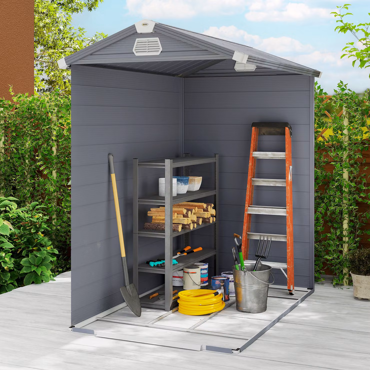 Outsunny Grey Plastic Storage Shed with Aluminium Frame and Foundation – 7