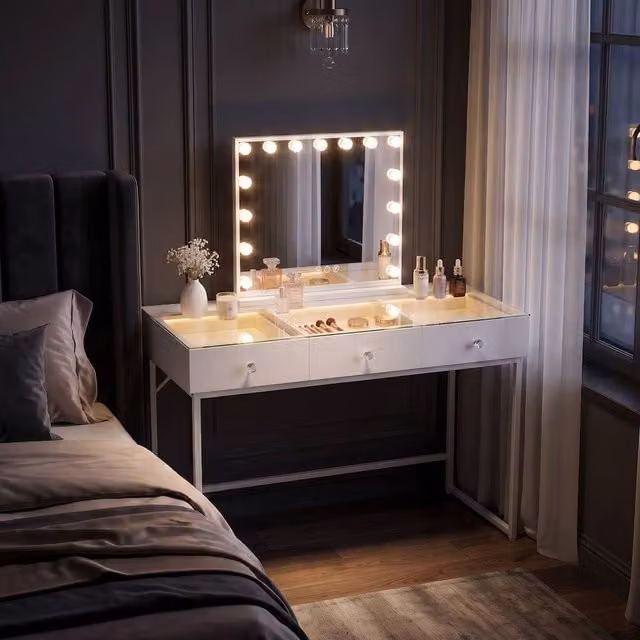 FENCHILIN Modern 3-Drawer Dressing Table with 15 LED Hollywood Mirror in White – 1