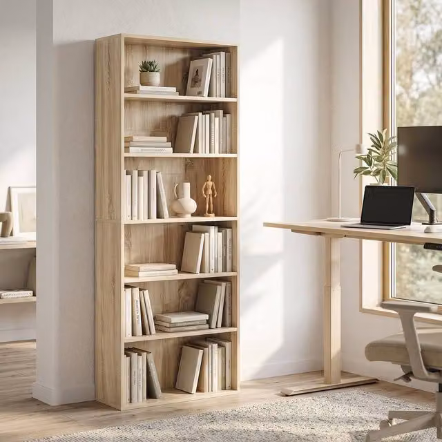 HOMCOM 6 Tier Freestanding Bookshelf with Adjustable Shelves in Natural Oak – 1