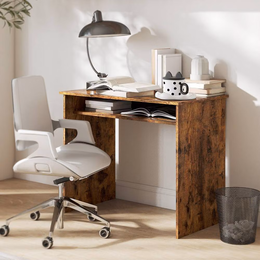 Rolipo Boxy Modern Writing Desk with Shelf in Brown – 4