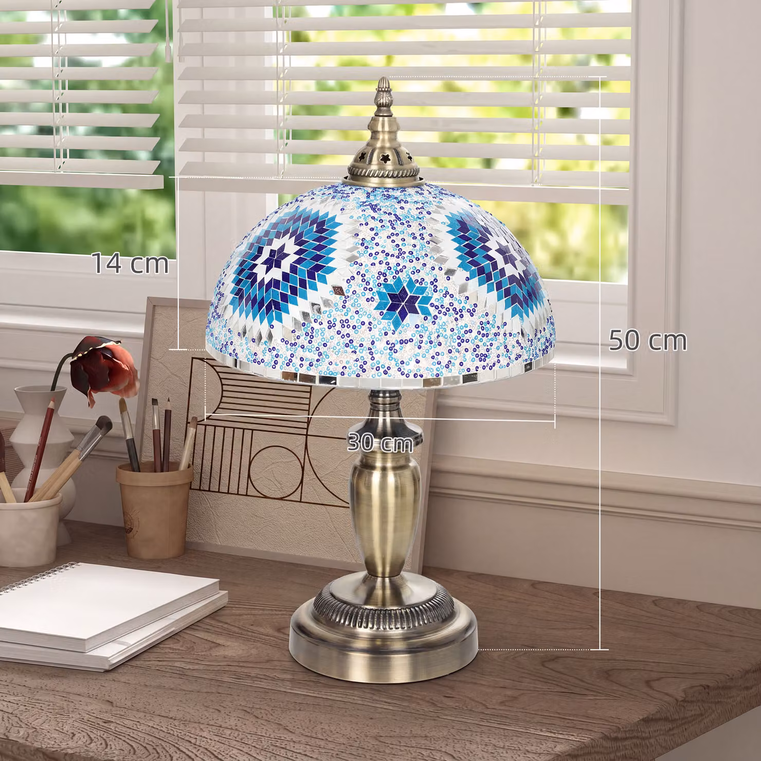 HOMCOM Tiffany Stained Glass Bedside Table Lamp in Blue and Bronze, W/D/H: 30.48 x 30.48 x 50.8 cm – 3