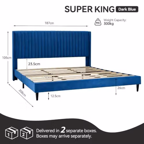 MCC Direct Charlie Blue Velvet Upholstered Super King Bed Frame W/D/H: 180 x 200 x 105 cm – 2
