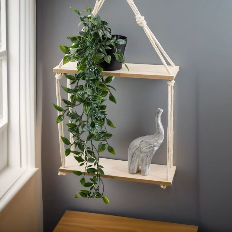 Pirlo Plush 2 Tier Hanging Wall Mounted Shelves with Rope Detail in Sand