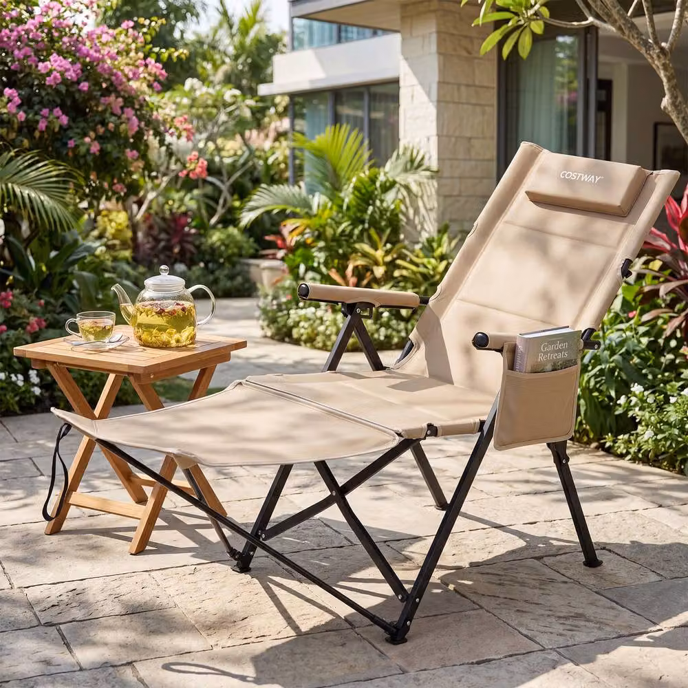 Costway 2-in-1 Reclining Camping Chair with Footrest and Adjustable Headrest in Beige – 3