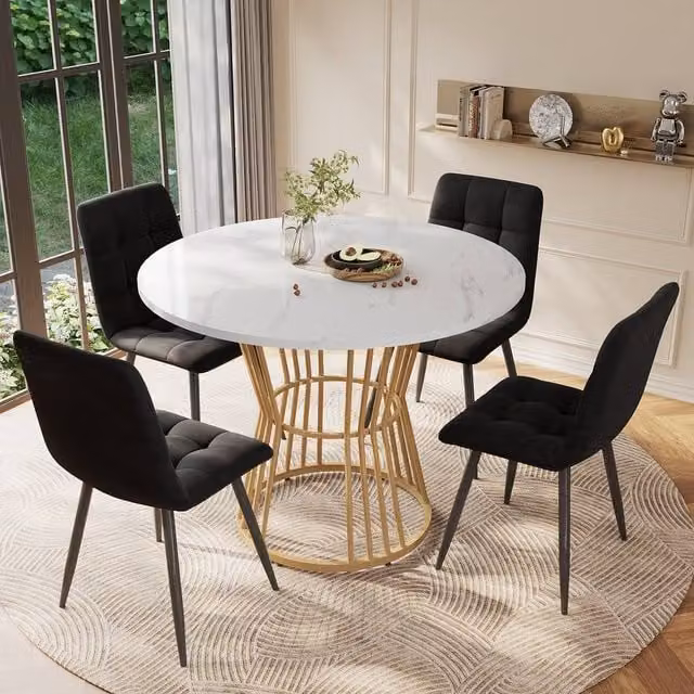 Fascinate Modern Round White Marble Dining Table with Gold Metal Legs – 1