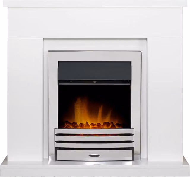 Adam Lomond Fireplace in Pure White with Eclipse Electric Fire in Chrome and Silver