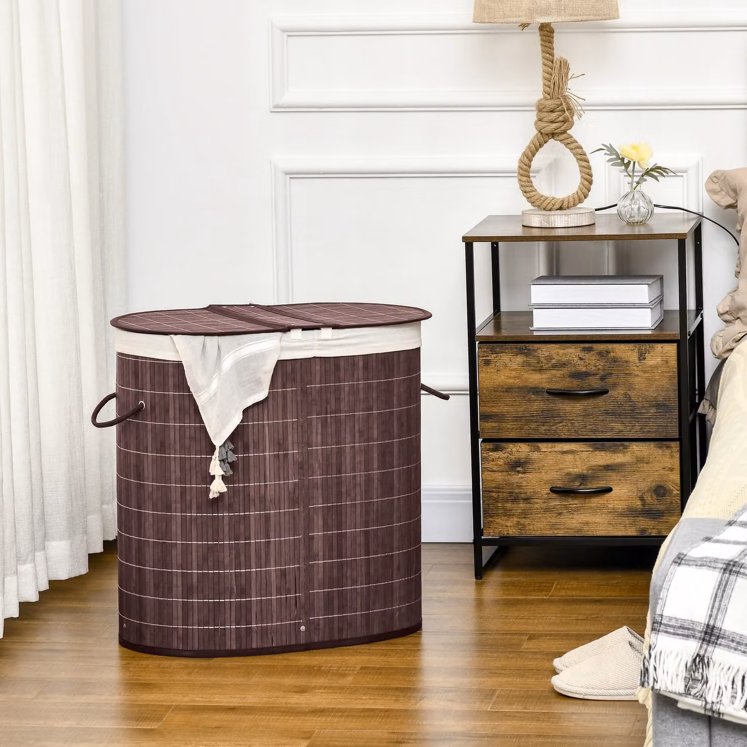 HOMCOM 100L Bamboo Laundry Basket with Lid and 2 Compartments in Brown – 2
