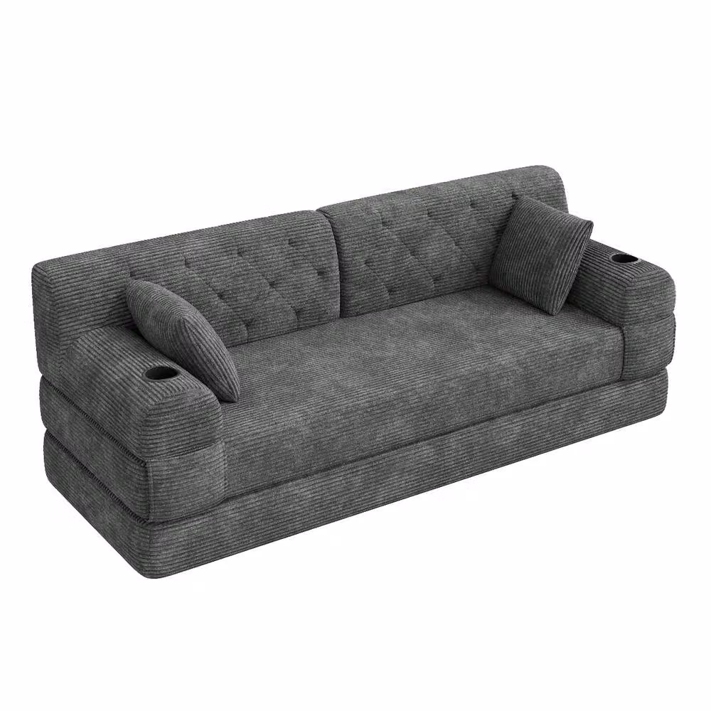 Rolipo Dark Grey Corduroy 3-Seater Sleeper Sofa with High Back and Cup Holders – 5