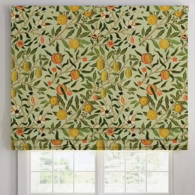 Ante Decor Made To Measure Roman Blind in Pistachio Green with Orange Fruit Print Cotton Blackout Textile