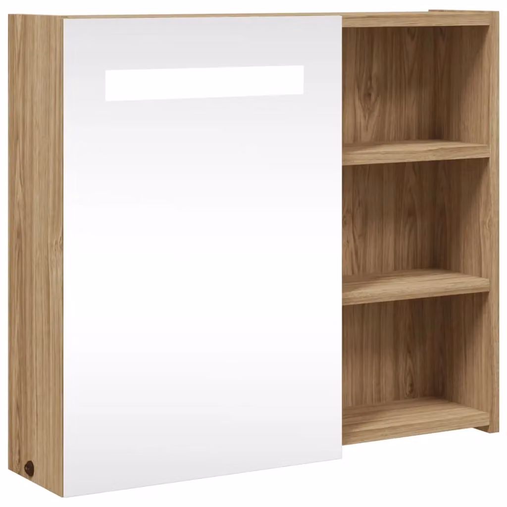 Berkfield Home Bathroom Mirror Cabinet with LED Light, Oak Brown, W: 60 cm, D: 13 cm, H: 52 cm – 2