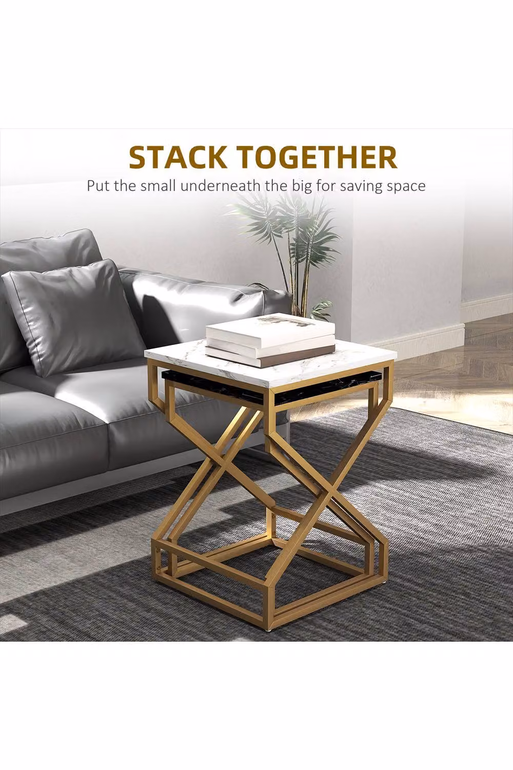 Ergovexa Set of Two Marble-Effect Nesting Tables in Black and White – 2