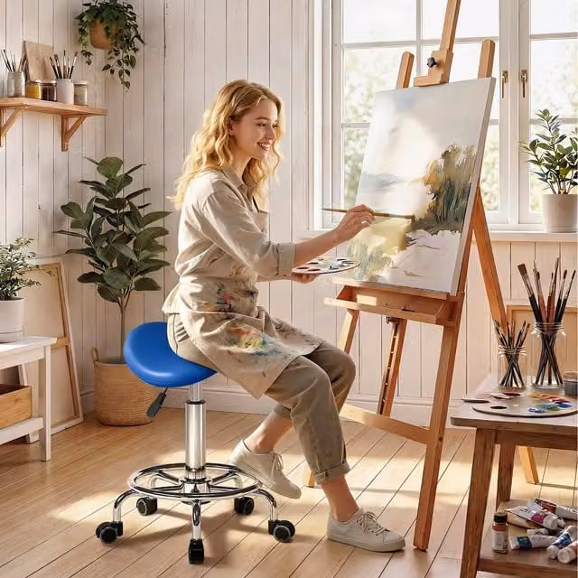 HOMCOM Rolling Saddle Stool Adjustable Blue Synthetic Leather Salon Chair with Castors