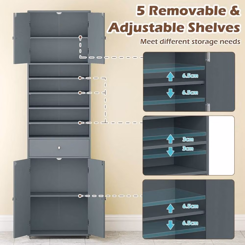 VOGREX Modern Grey Linen Storage Cabinet with Hinged Doors and Internal Shelves, Height: 180 cm – 4