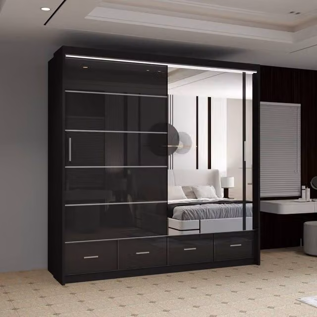 Sliding Wardrobes 4U Luxury High Gloss Sliding Wardrobe with Integrated LED Light, Black, W: 203 cm, H: 220 cm – 1
