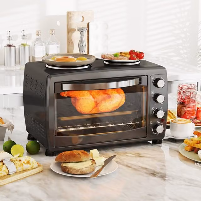 HOMCOM 36L Toaster Oven with 2 Hot Plates for Grilling, Roasting, Baking and Boiling, Black
