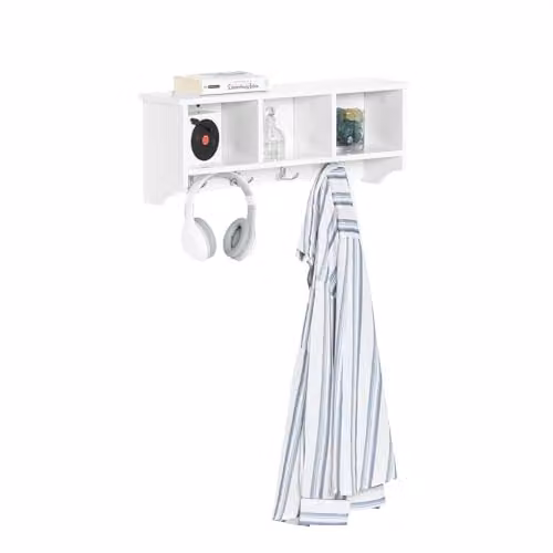 SoBuy Wall Mounted Coat Rack with 3 Cubby Shelves and 4 Hooks, White, W60 x D15 x H23 cm – 2